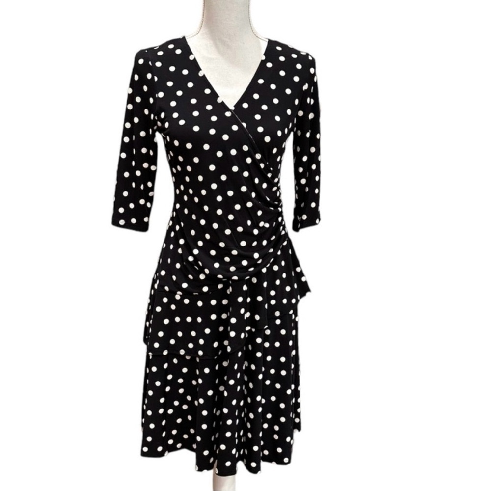 Robbie Bee Women's Polka-Dot Tiered Faux-Wrap Dress in Black/White Size PS - Picture 3 of 9